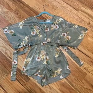 Satin Silk Forrest Green Floral Kimono Romper